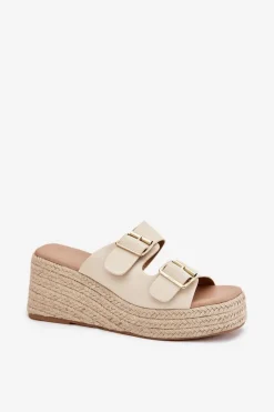 Klapki Na Koturnie|Klapki Na Platformie></noscript>Boto Klapki Damskie Na Koturnie Z Plecionką I Klamrami Beżowe Pasinea Beżowy