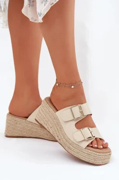 Klapki Na Koturnie|Klapki Na Platformie></noscript>Boto Klapki Damskie Na Koturnie Z Plecionką I Klamrami Beżowe Pasinea Beżowy