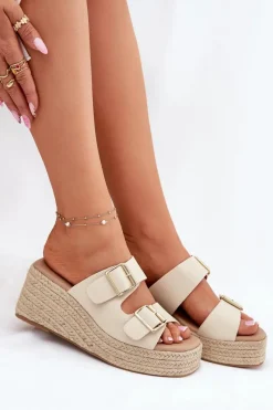 Klapki Na Koturnie|Klapki Na Platformie></noscript>Boto Klapki Damskie Na Koturnie Z Plecionką I Klamrami Beżowe Pasinea Beżowy