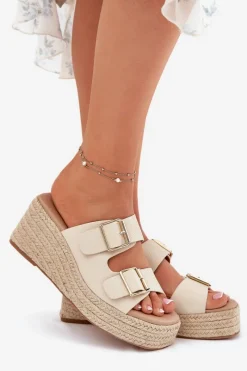 Klapki Na Koturnie|Klapki Na Platformie></noscript>Boto Klapki Damskie Na Koturnie Z Plecionką I Klamrami Beżowe Pasinea Beżowy