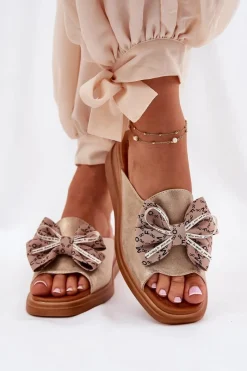 Outlet Klapki Damskie Na Koturnie Z Kokardą Złote Moonzella Damskie Klapki Na Koturnie|Klapki Na Platformie