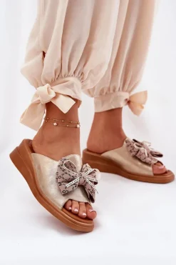 Outlet Klapki Damskie Na Koturnie Z Kokardą Złote Moonzella Damskie Klapki Na Koturnie|Klapki Na Platformie