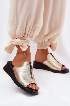 Discount Boto Klapki Damskie Na Koturnie Z Zamkiem Złote Irriva Złoty