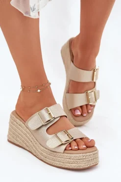 Clearance Klapki Damskie Na Koturnie Z Plecionką I Klamrami Złote Pasinea Damskie Klapki Na Koturnie|Klapki Na Platformie