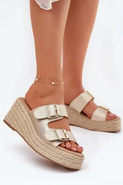 Clearance Klapki Damskie Na Koturnie Z Plecionką I Klamrami Złote Pasinea Damskie Klapki Na Koturnie|Klapki Na Platformie