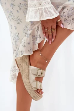 Clearance Klapki Damskie Na Koturnie Z Plecionką I Klamrami Złote Pasinea Damskie Klapki Na Koturnie|Klapki Na Platformie