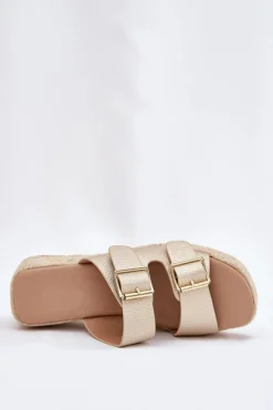 Clearance Klapki Damskie Na Koturnie Z Plecionką I Klamrami Złote Pasinea Damskie Klapki Na Koturnie|Klapki Na Platformie