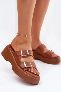 Discount Boto Klapki Damskie Na Koturnie I Platformie Z Klamrami Camel Nitarelia Brązowy