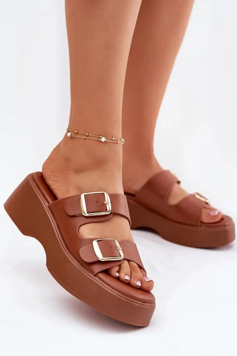 Discount Boto Klapki Damskie Na Koturnie I Platformie Z Klamrami Camel Nitarelia Brązowy