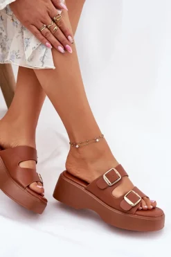 Discount Boto Klapki Damskie Na Koturnie I Platformie Z Klamrami Camel Nitarelia Brązowy