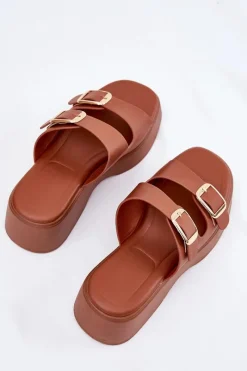 Discount Boto Klapki Damskie Na Koturnie I Platformie Z Klamrami Camel Nitarelia Brązowy