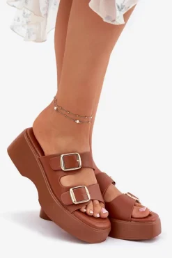 Discount Boto Klapki Damskie Na Koturnie I Platformie Z Klamrami Camel Nitarelia Brązowy