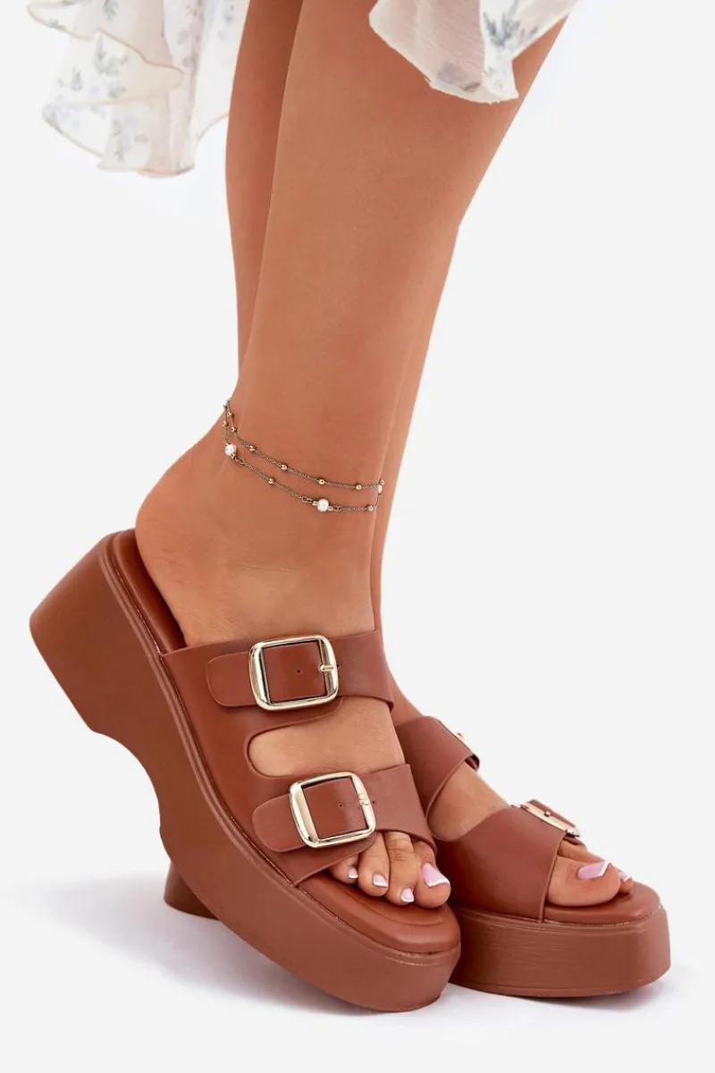 Discount Boto Klapki Damskie Na Koturnie I Platformie Z Klamrami Camel Nitarelia Brązowy