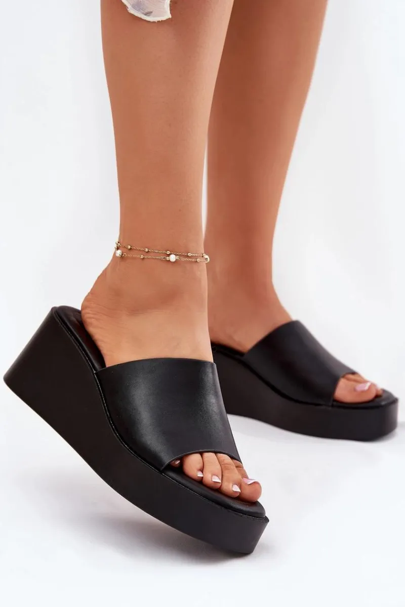 Discount Klapki Damskie Na Koturnie Eko Skórzane Czarne Obenae Damskie Klapki Na Koturnie|Klapki Na Platformie