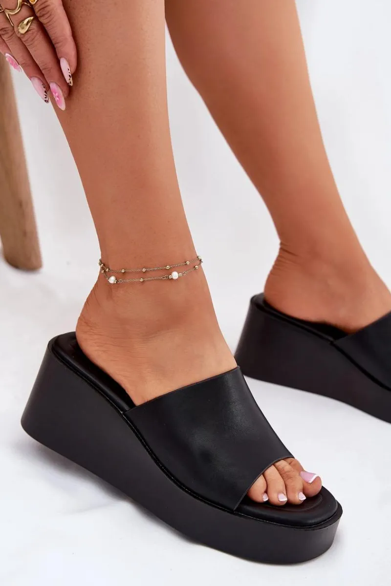 Discount Klapki Damskie Na Koturnie Eko Skórzane Czarne Obenae Damskie Klapki Na Koturnie|Klapki Na Platformie