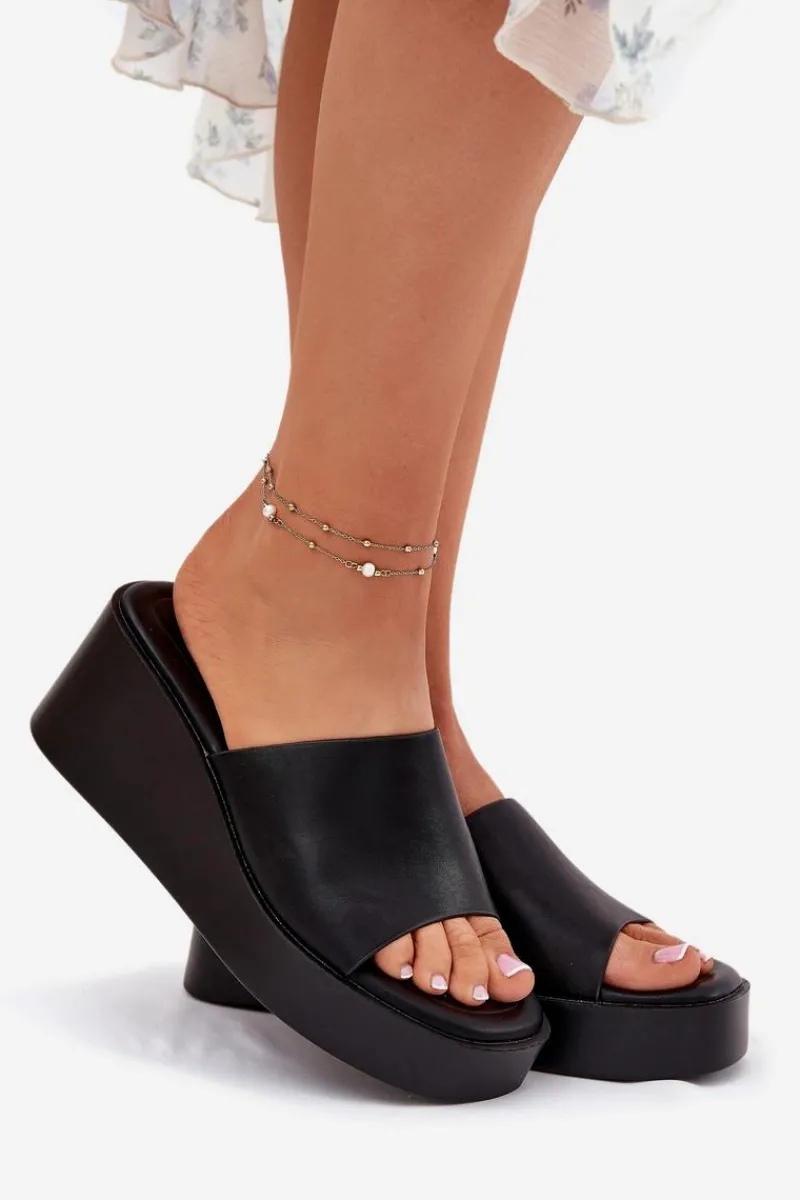 Discount Klapki Damskie Na Koturnie Eko Skórzane Czarne Obenae Damskie Klapki Na Koturnie|Klapki Na Platformie