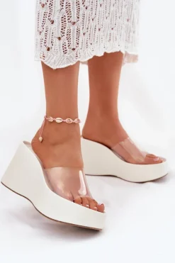 Discount Boto Klapki Damskie Na Koturnie Z Transparentnym Paskiem Białe Zolretia