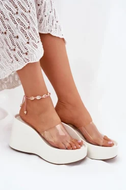 Discount Boto Klapki Damskie Na Koturnie Z Transparentnym Paskiem Białe Zolretia