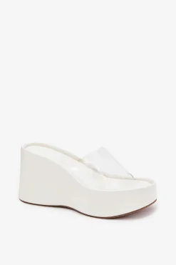 Discount Boto Klapki Damskie Na Koturnie Z Transparentnym Paskiem Białe Zolretia