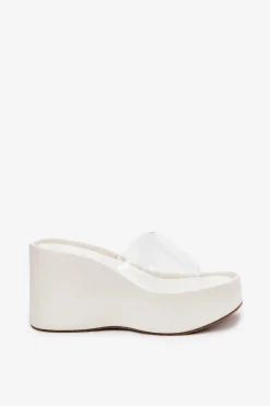 Discount Boto Klapki Damskie Na Koturnie Z Transparentnym Paskiem Białe Zolretia