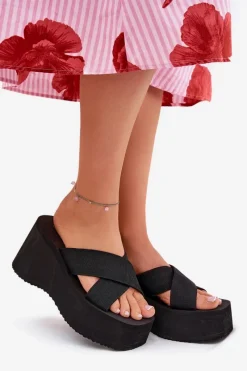 Hot Klapki Damskie Na Koturnie I Platformie Czarne Sevolee Damskie Klapki Na Koturnie|Klapki Na Platformie