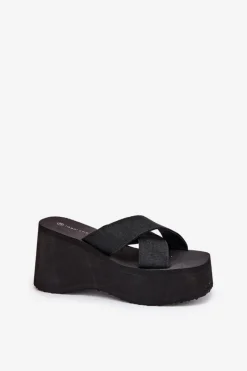 Hot Klapki Damskie Na Koturnie I Platformie Czarne Sevolee Damskie Klapki Na Koturnie|Klapki Na Platformie