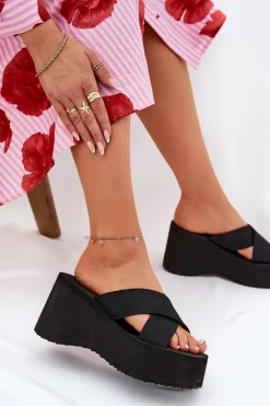 Hot Klapki Damskie Na Koturnie I Platformie Czarne Sevolee Damskie Klapki Na Koturnie|Klapki Na Platformie
