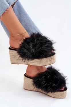 Klapki Na Koturnie|Klapki Z Futerkiem>Boto Klapki Damskie Na Koturnie Z Futerkiem I Plecionką Czarne Virela Czarny