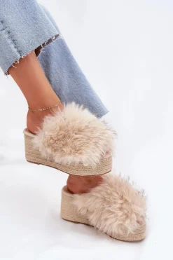 Klapki Z Futerkiem|Klapki Na Koturnie>Boto Klapki Damskie Na Koturnie Z Futerkiem I Plecionką Beżowe Virela Beżowy