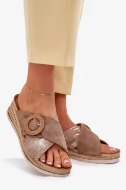 Hot INBLU Klapki Damskie Na Koturnie Z Ozdobną Klamrą RV000012 Brązowe Brązowy