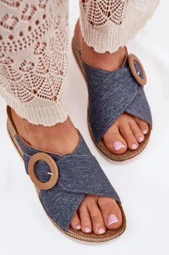 Klapki Na Koturnie|Klapki Na Obcasie>INBLU Klapki Damskie Na Koturnie Z Ozdobną Klamrą RV000012 e Niebieski