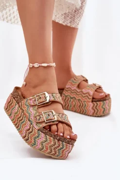 New Boto Klapki Damskie Na Masywnej Platformie Z Plecionką I Klamrami Multikolor Eradriana Wielokolorowy