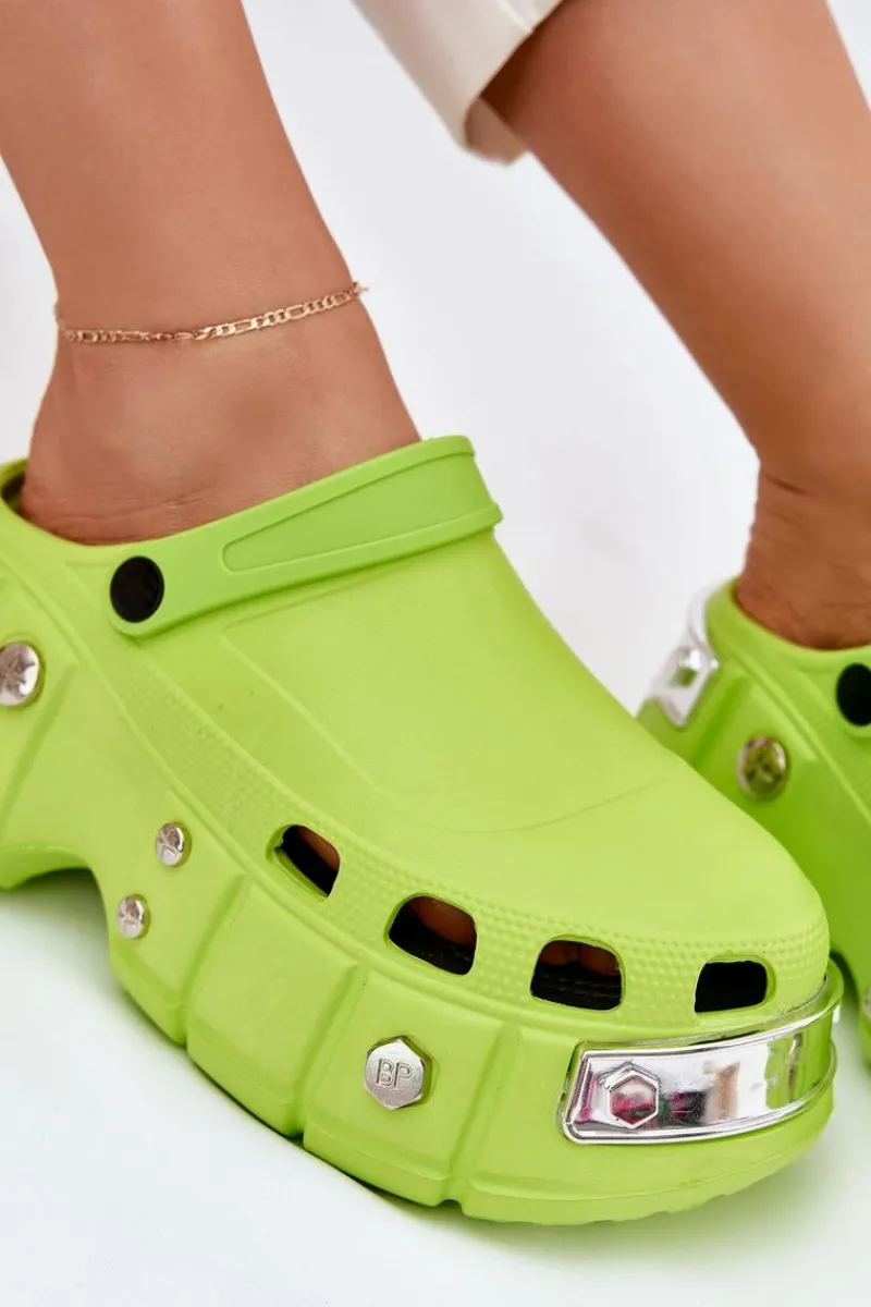 Outlet Boto Klapki Damskie Na Masywnej Platformie Limonkowe Korina Zielony