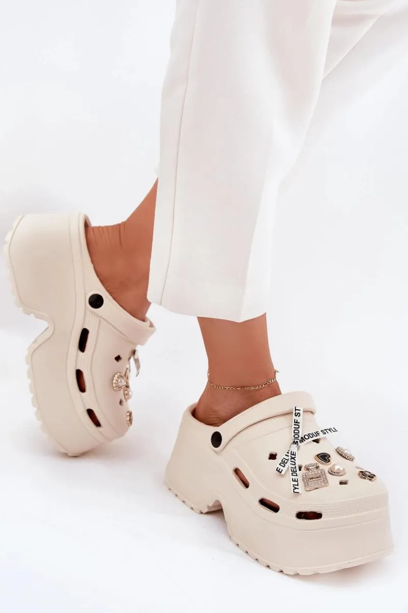 Klapki Basenowe|Klapki Na Platformie>Boto Klapki Damskie Na Masywnej Platformie Z Przypinkami Beżowe Vivira