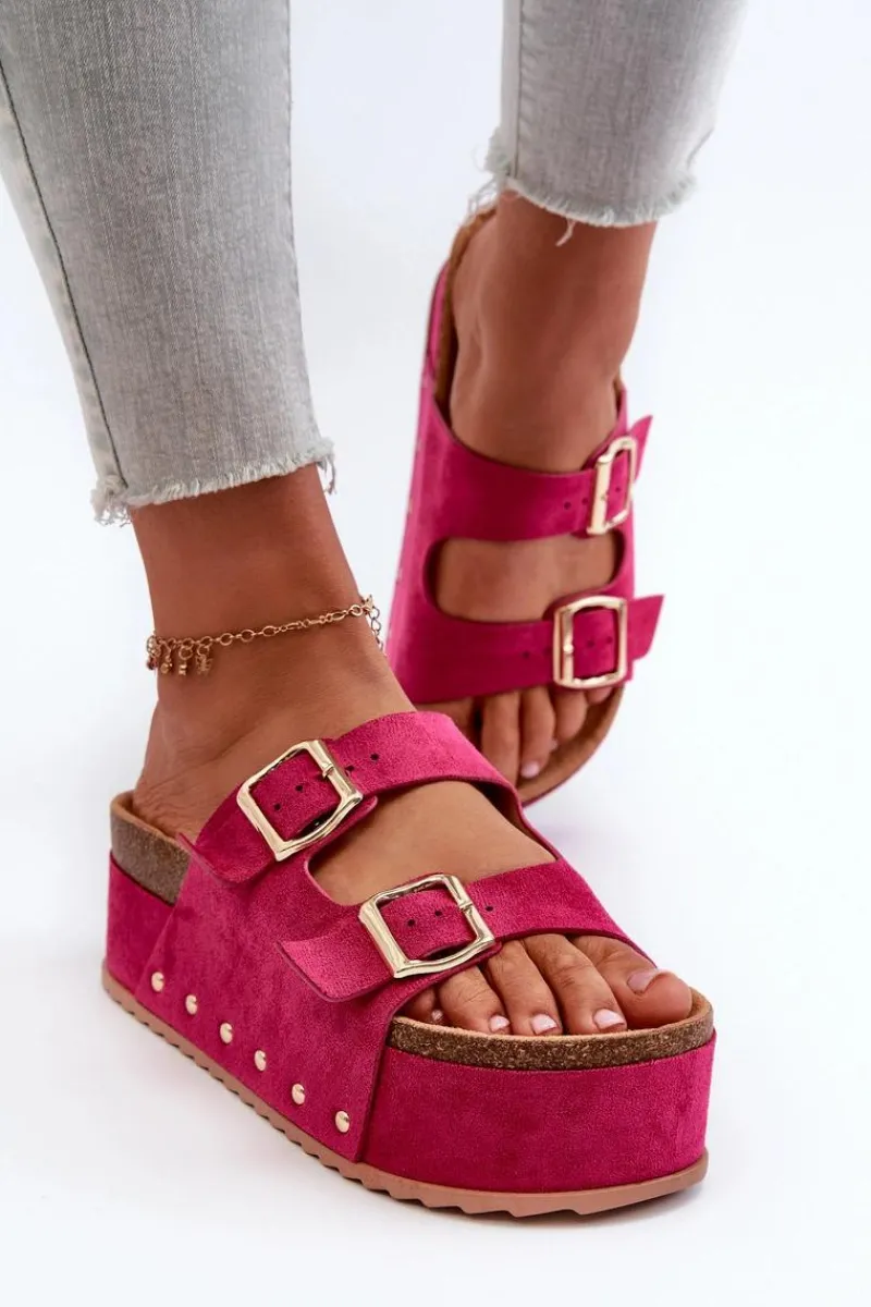 Online Boto Klapki Damskie Na Masywnej Platformie Z Klamrami Fuksja Cremila