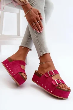 Online Boto Klapki Damskie Na Masywnej Platformie Z Klamrami Fuksja Cremila