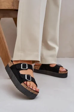 Online Klapki Damskie Na Masywnej Platformie Z Klamrami Czarne Aramia Damskie Klapki Korkowe|Klapki Na Platformie