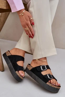 Online Klapki Damskie Na Masywnej Platformie Z Klamrami Czarne Aramia Damskie Klapki Korkowe|Klapki Na Platformie