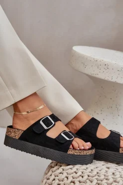 Online Klapki Damskie Na Masywnej Platformie Z Klamrami Czarne Aramia Damskie Klapki Korkowe|Klapki Na Platformie