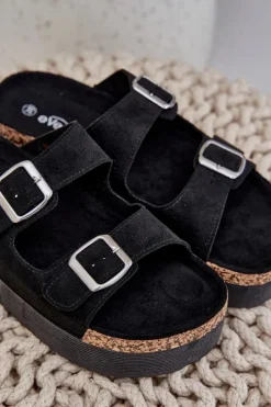 Online Klapki Damskie Na Masywnej Platformie Z Klamrami Czarne Aramia Damskie Klapki Korkowe|Klapki Na Platformie