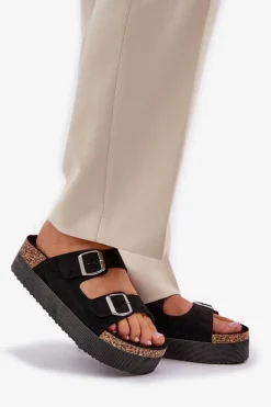 Online Klapki Damskie Na Masywnej Platformie Z Klamrami Czarne Aramia Damskie Klapki Korkowe|Klapki Na Platformie