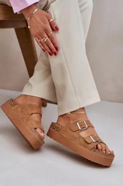 New Boto Klapki Damskie Na Masywnej Platformie Z Klamrami Camel Aramia Brązowy