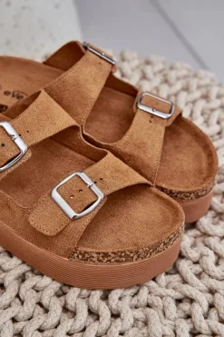 New Boto Klapki Damskie Na Masywnej Platformie Z Klamrami Camel Aramia Brązowy