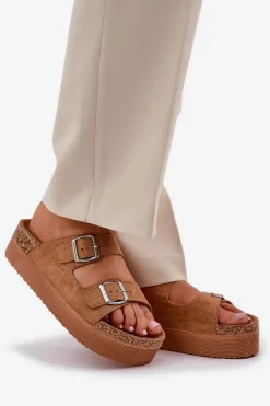 New Boto Klapki Damskie Na Masywnej Platformie Z Klamrami Camel Aramia Brązowy