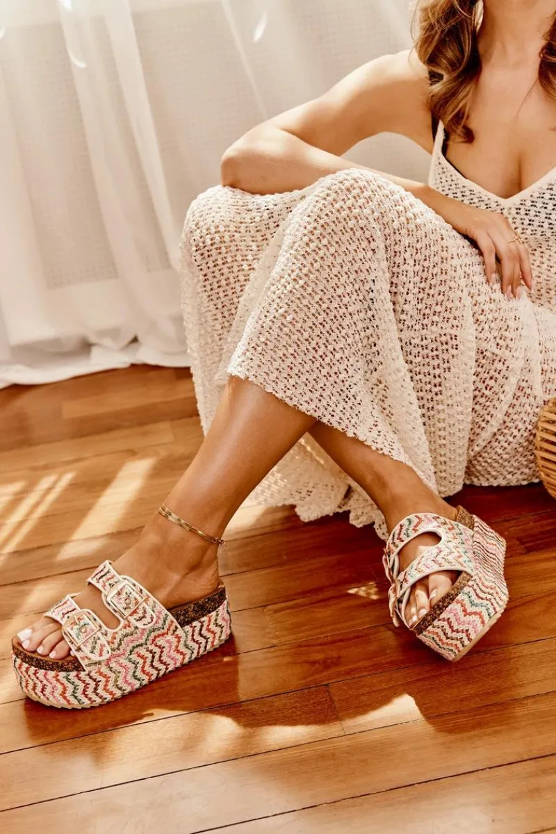 Klapki Korkowe|Klapki Na Platformie>Boto Klapki Damskie Na Masywnej Platformie Z Plecionką I Klamrami Multikolor Eradriana Wielokolorowy