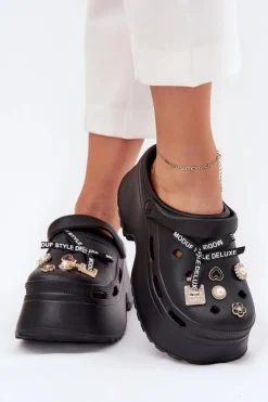 Discount Boto Klapki Damskie Na Masywnej Platformie Z Przypinkami Czarne Vivira