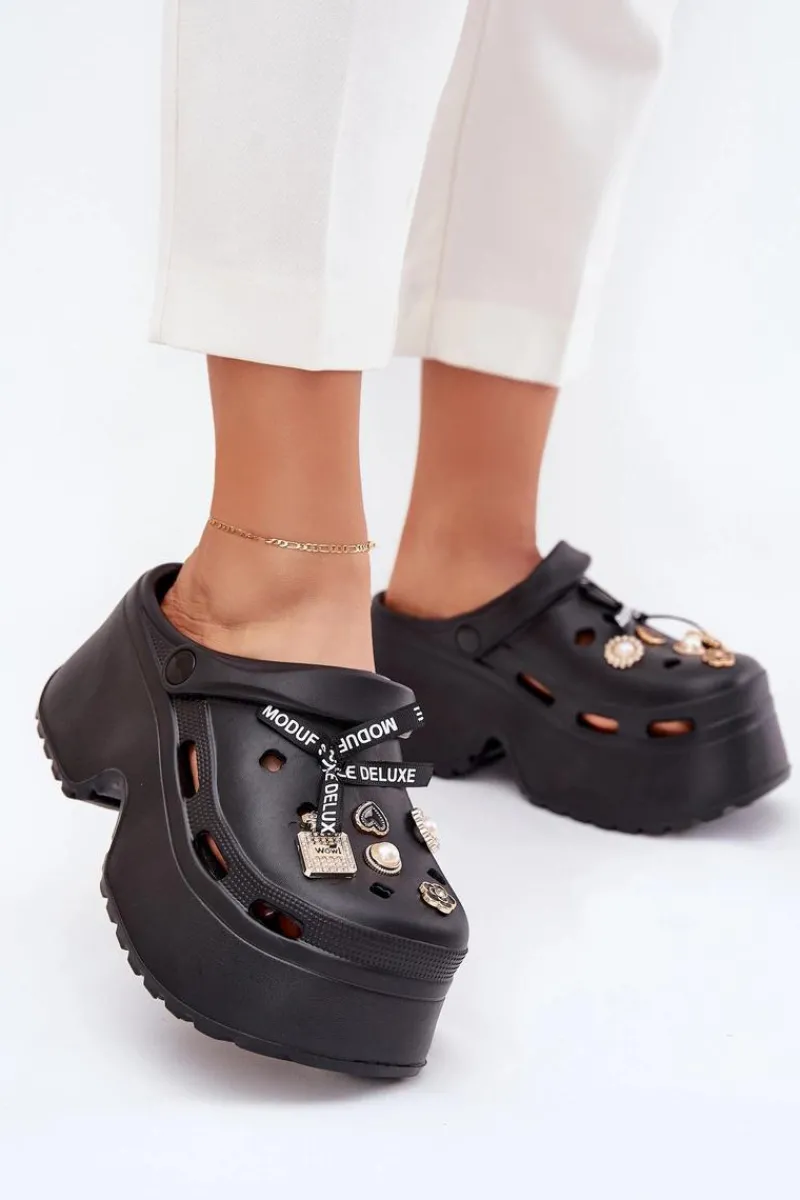 Discount Boto Klapki Damskie Na Masywnej Platformie Z Przypinkami Czarne Vivira