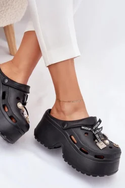 Discount Boto Klapki Damskie Na Masywnej Platformie Z Przypinkami Czarne Vivira