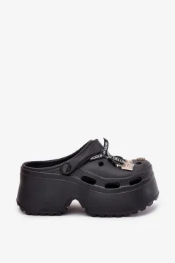 Discount Boto Klapki Damskie Na Masywnej Platformie Z Przypinkami Czarne Vivira