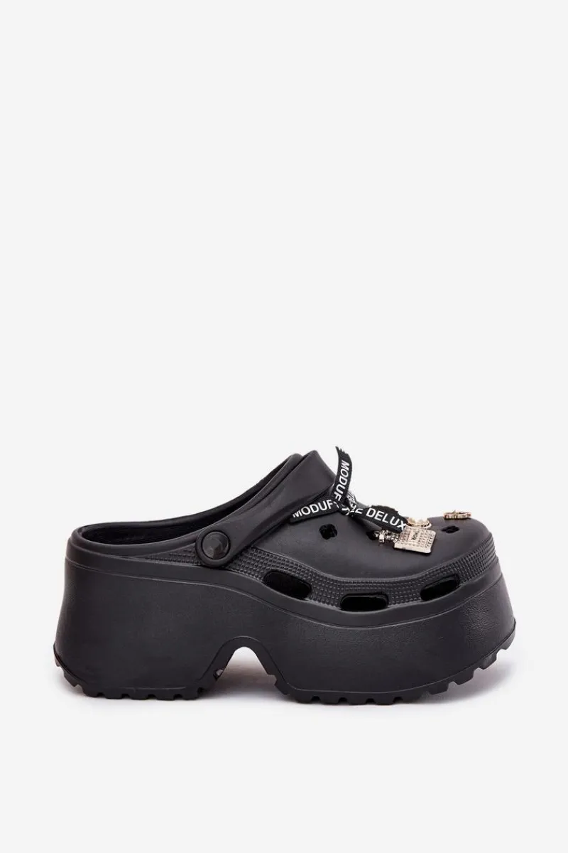 Discount Boto Klapki Damskie Na Masywnej Platformie Z Przypinkami Czarne Vivira